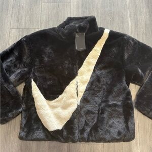 Nike Sportswear Faux Fur Oversized Swoosh Jacket Black DO3791-010 Women's